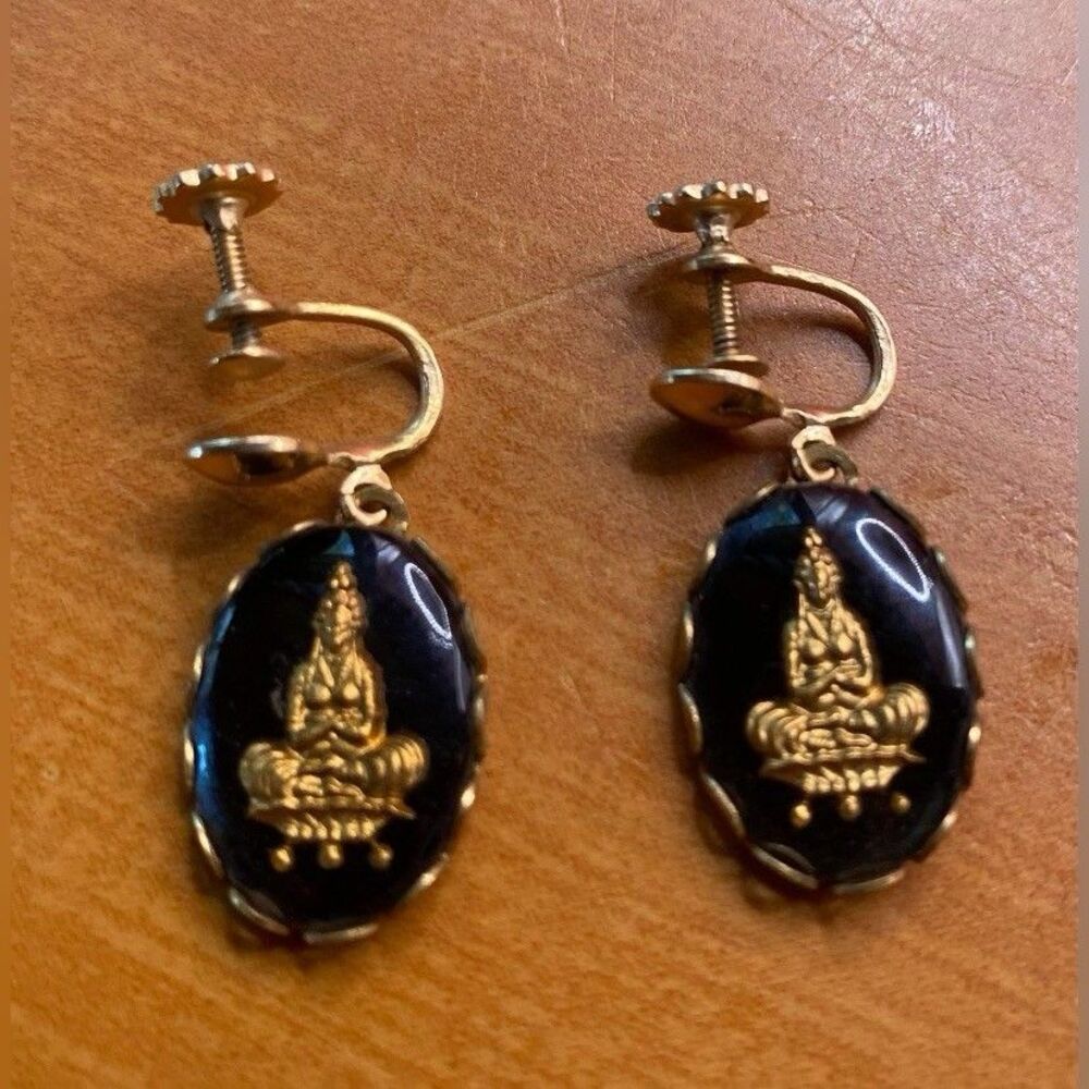 Womens Earrings Asian Princess Goddess Black Gold Screw On 3/4”